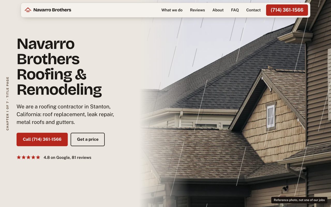 The Navarro Brothers Roofing and Remodeling homepage on a laptop: the business name set large on a pale ground beside a photograph of a shingled roof in the rain, with the phone number and a price button under it.