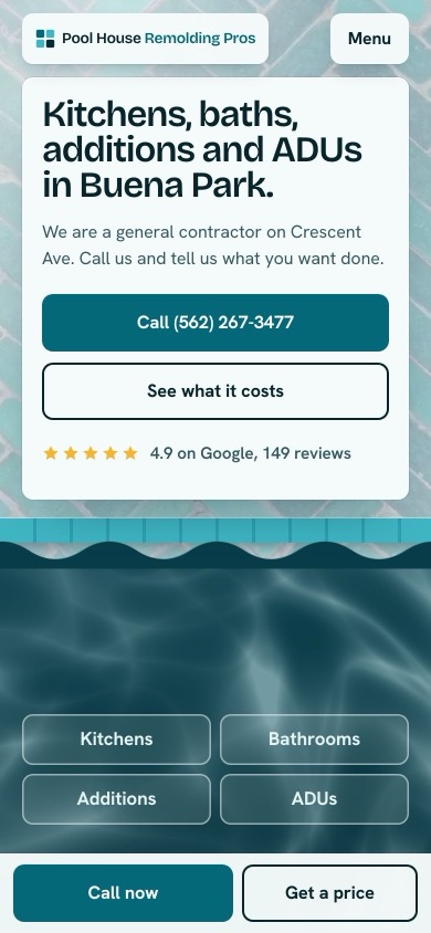The same homepage on a phone: the headline, the call button and the price button stacked on the tile wall, with the water below and a call bar at the bottom.