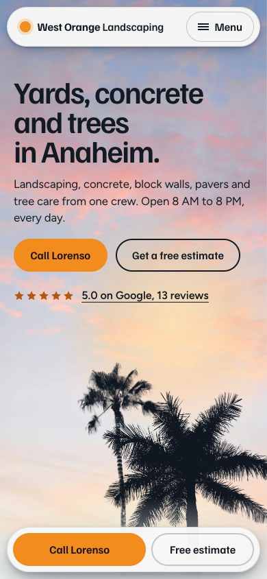 The same homepage on a phone: the headline, the two buttons and the rating at the top over the morning sky, two palm trees in silhouette rising from the bottom, and a call bar fixed at the foot of the screen.