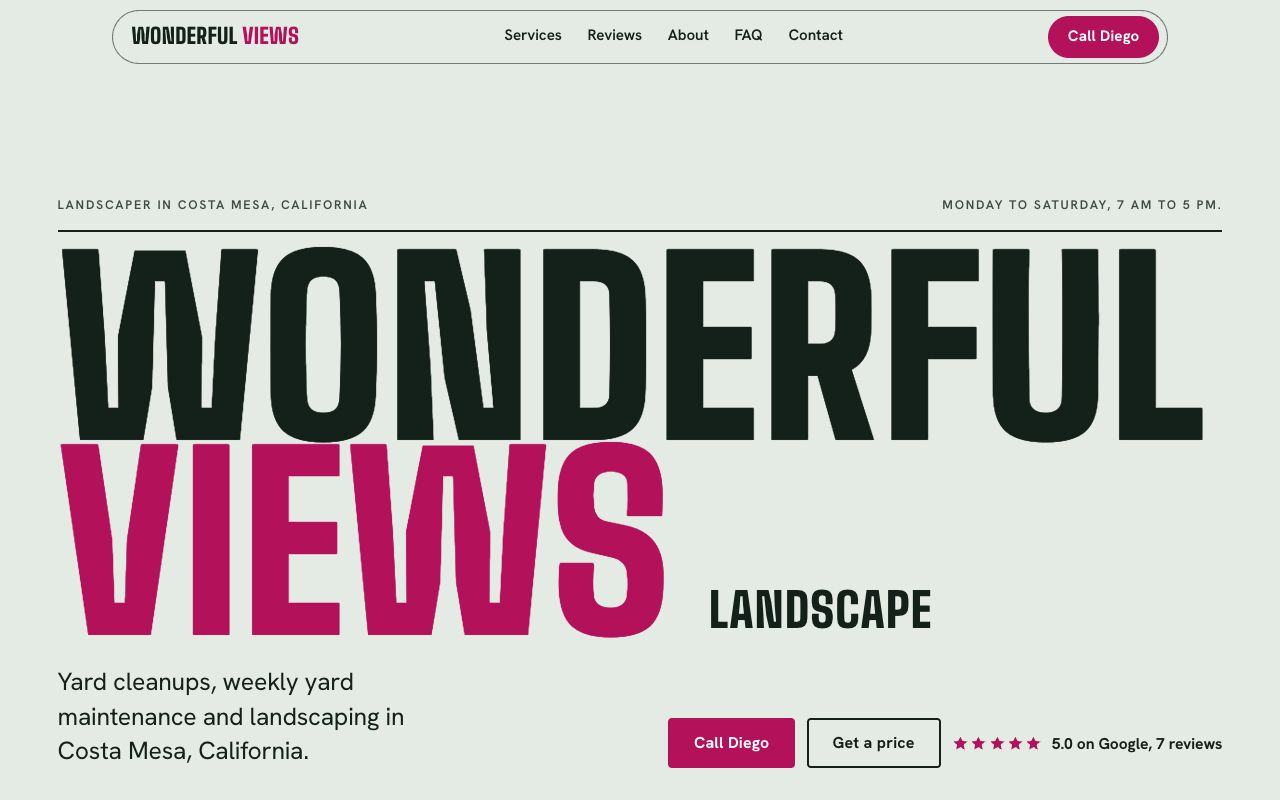 The Wonderful Views Landscape homepage on a laptop: the words WONDERFUL in dark green and VIEWS in pink fill the width of the screen, with the line Landscaper in Costa Mesa, California above them, and a call button and a 5.0 Google rating below.